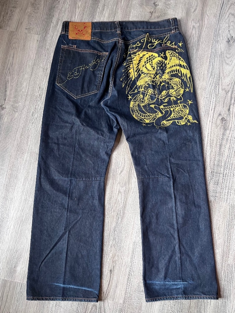 Y2K Ed Hardy baggy jeans 40x34 wide-leg dark blue denim eagle spell out